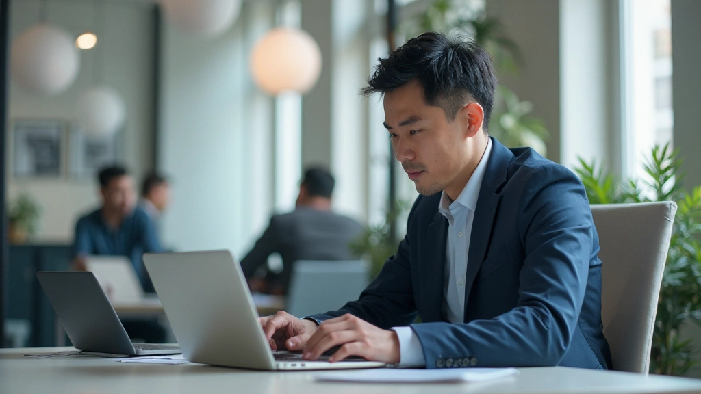 Успешный предприниматель работает за организованным рабочим столом с ноутбуком