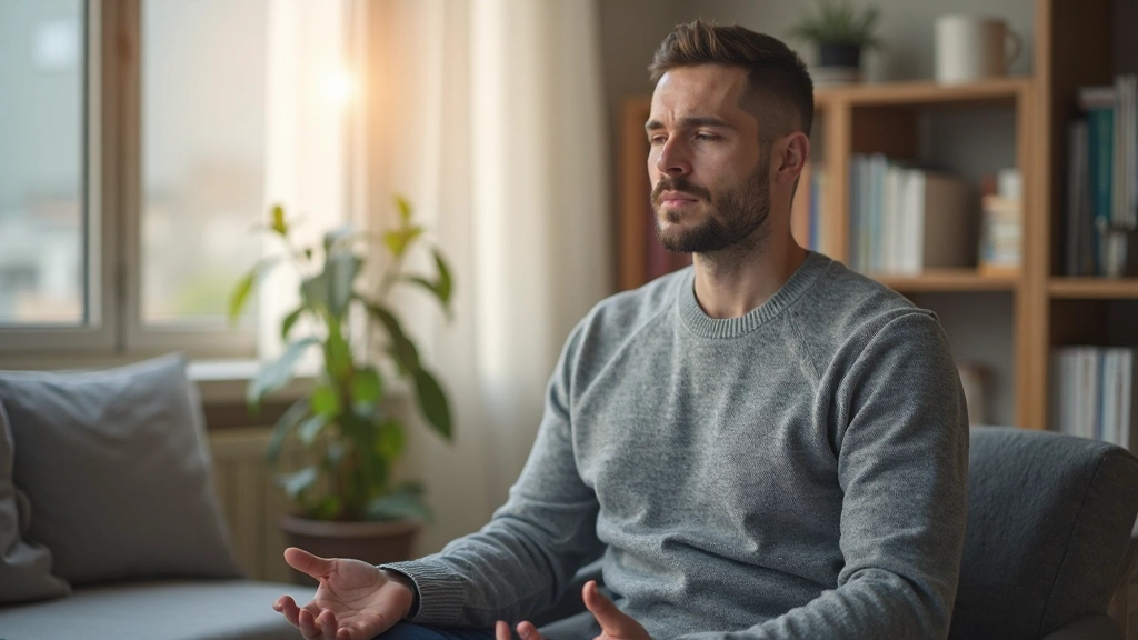 Предприниматель медитирует в спокойной обстановке офиса утром