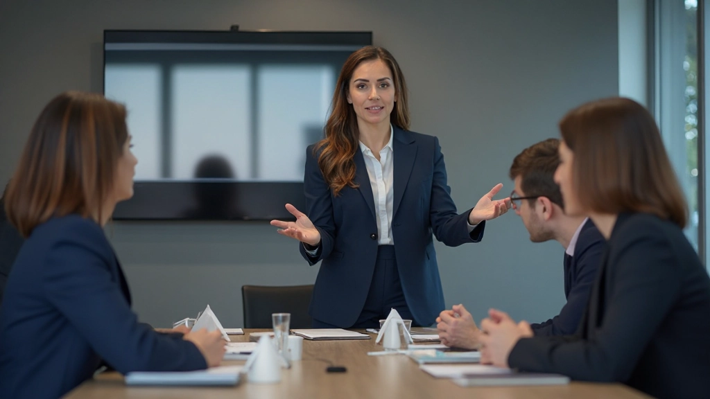 Предпринимательница ведет стратегическую встречу с командой в современном офисе