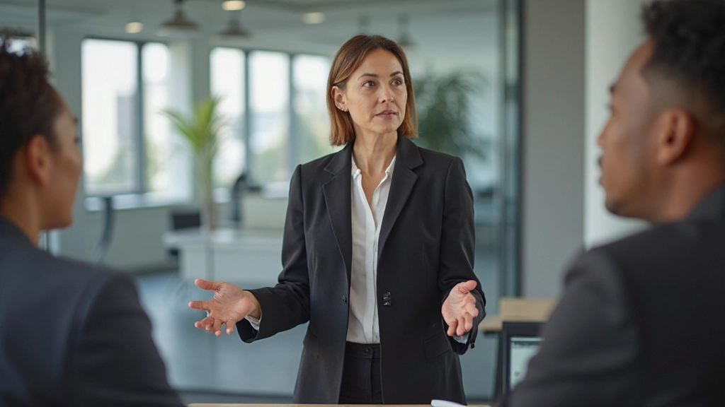 Опытный лидер проводит презентацию перед командой, демонстрируя навыки руководства и влияния